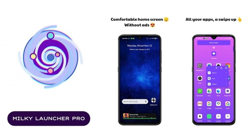 alt text: Giao diện Milky Launcher Pro với các biểu tượng ứng dụng được sắp xếp gọn gàng