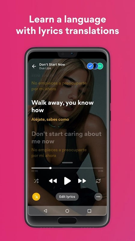 Musixmatch MOD interface displaying bilingual English-Vietnamese lyrics