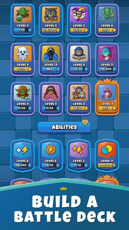 Card upgrade interface in Hero Royale: PvP Tower Defense MOD APK, allowing players to enhance their units