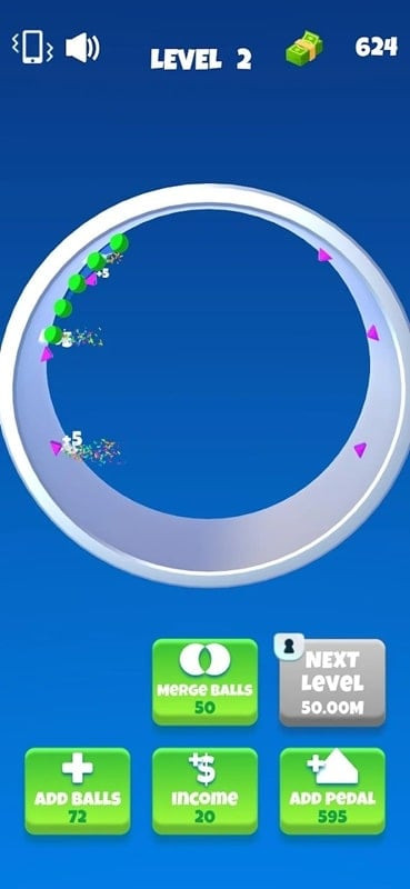 Upgrade interface in Balls Perfect! allowing players to buy more balls and circles.