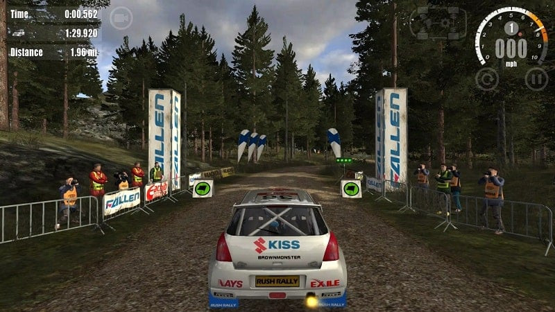 In-game view from the cockpit of a rally car in Rush Rally 3, navigating a dirt track, providing a realistic racing experience.