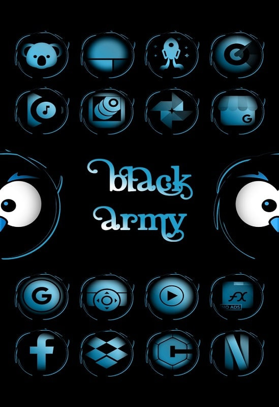 alt text: Giao diện tùy chỉnh Black Army Sapphire Icon Pack với các icon được sắp xếp