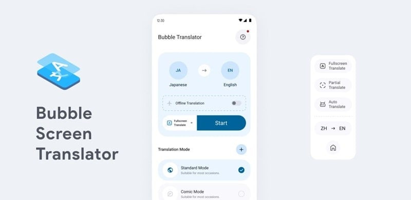 alt text: Giao diện ứng dụng Bubble Screen Translate trên điện thoại