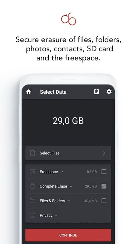 Data Eraser App interface displaying various data erasure options.