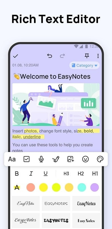 Easy Notes app interface displaying the quick and easy note creation feature.