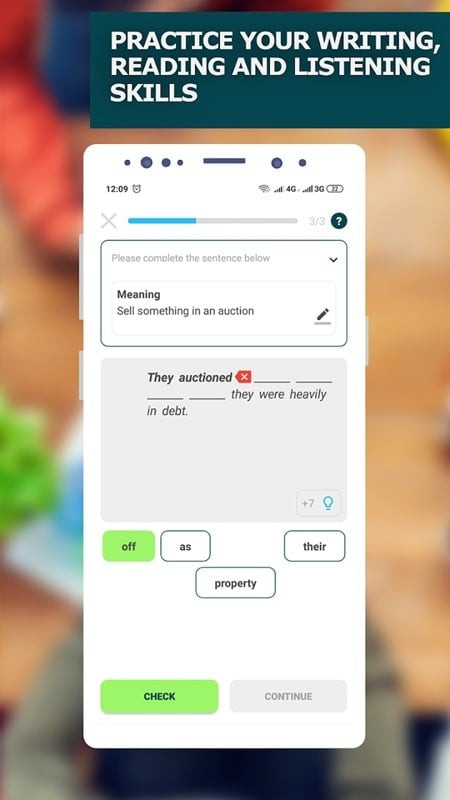 App interface displaying an example sentence using a phrasal verb.