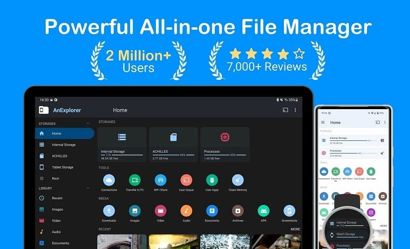 alt text: Giao diện ứng dụng File Manager TV USB OTG Cloud trên Android TV, hiển thị các thư mục và tệp tin