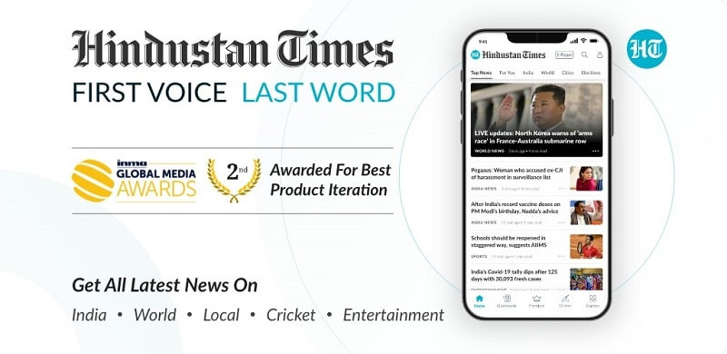 alt text: Giao diện ứng dụng Hindustan Times trên điện thoại