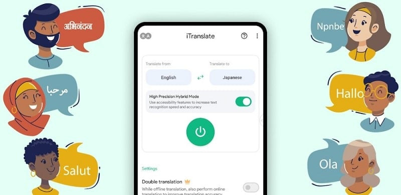 Alt text: Giao diện ứng dụng Instant Translate On Screen hiển thị chức năng dịch thuật trên màn hình điện thoại.