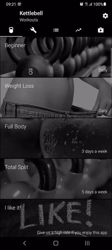 Kettlebell Home Workout app interface showing various kettlebell exercises