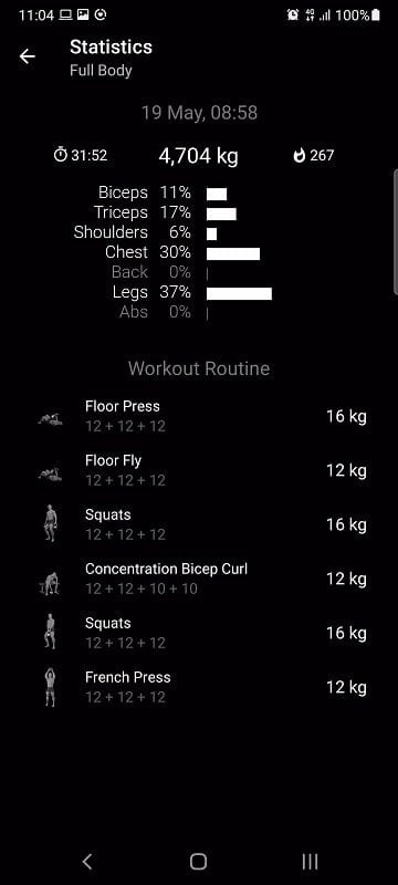 Kettlebell Home Workout app interface displaying the user's workout history