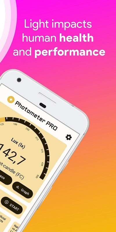 Lux Light Meter Photometer PRO app displaying light measurement results