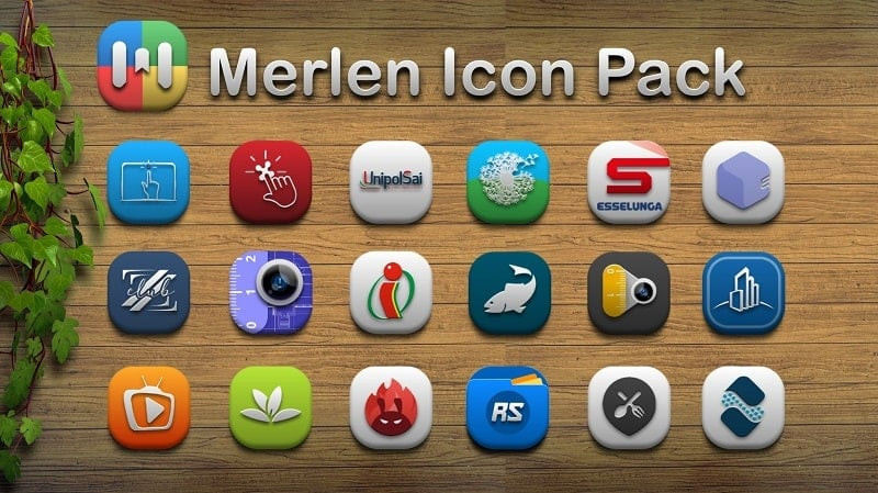 alt text: Giao diện ứng dụng Merlen Icon Pack với các biểu tượng được thiết kế đẹp mắt