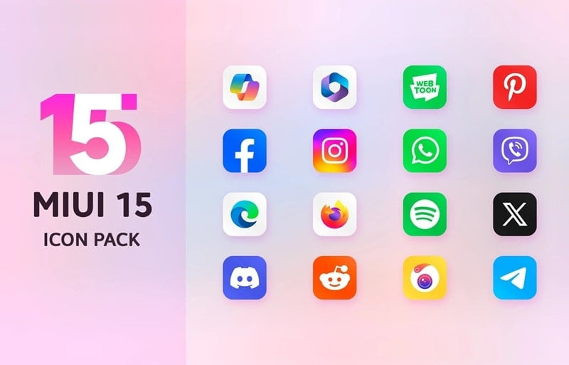 alt text: Giao diện ứng dụng Mi15 Icon Pack cho phép người dùng lựa chọn và áp dụng các biểu tượng ứng dụng theo phong cách MIUI 15