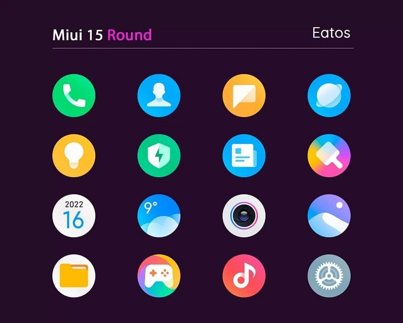 alt text: Giao diện ứng dụng Miui 15 với các icon hình tròn đa dạng