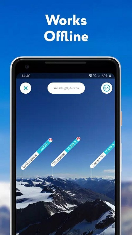 PeakVisor app interface displaying information about mountain peaks.