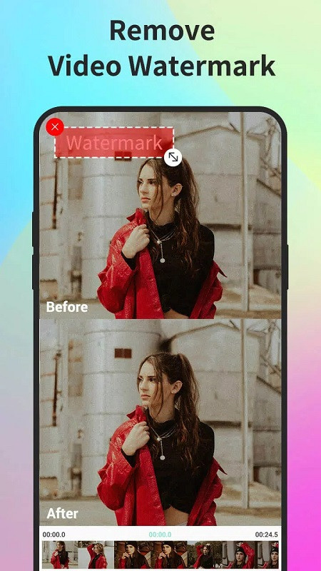 Remove Watermark Easy Retouch app interface on a phone, showing the zoom feature for precise selection.