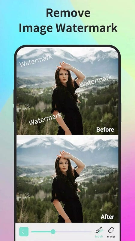 alt text: Giao diện ứng dụng Remove Watermark, Easy Retouch trên điện thoại, hiển thị chức năng xóa vật thể khỏi ảnh với kết quả tự nhiên.