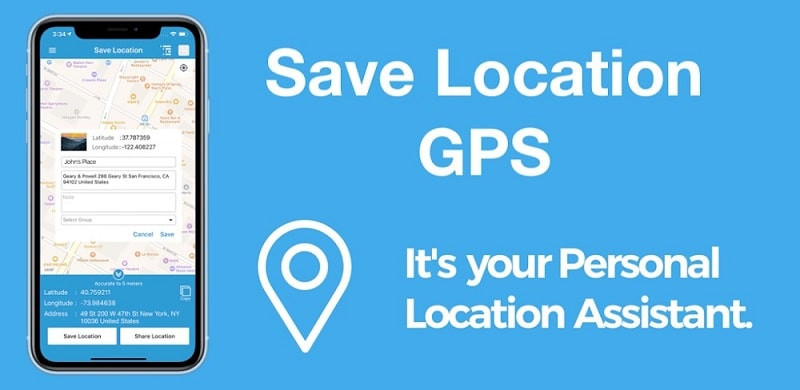 alt text: Giao diện ứng dụng Save Location GPS trên điện thoại