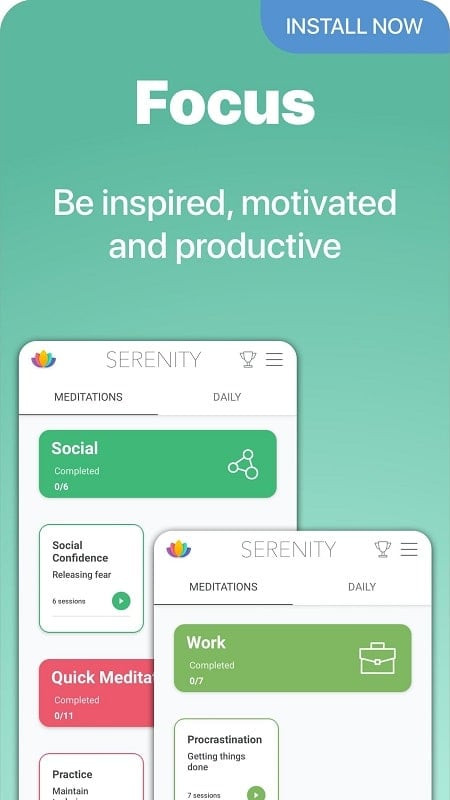 Serenity app interface displaying available features and exercises