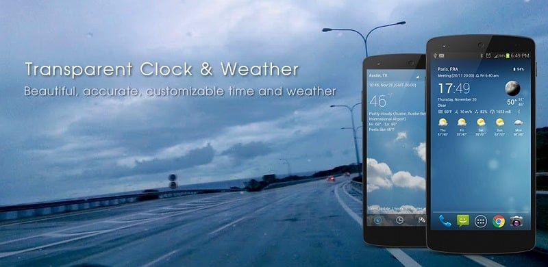 alt text: Giao diện ứng dụng Transparent Clock & Weather Pro hiển thị đồng hồ và thông tin thời tiết trong suốt, rõ ràng và dễ đọc.