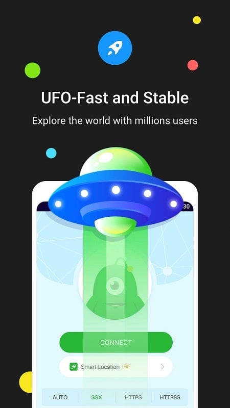 UFO VPN MOD app interface with login options for multiple accounts