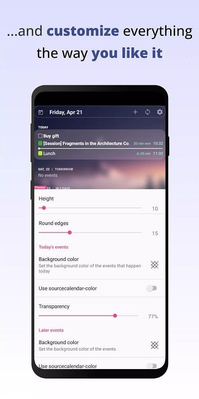 Your Calendar Widget APK interface with customization and settings options.