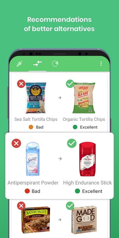 Yuka app displaying a list of suggested alternative products.