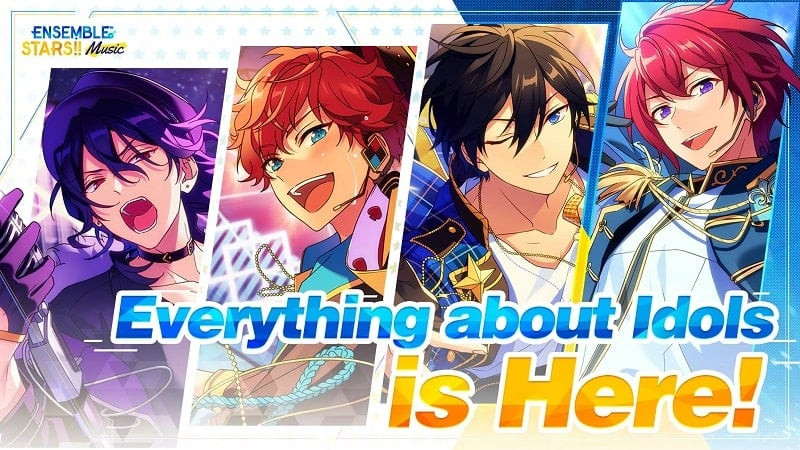 alt text: Hình ảnh các nhân vật trong game Ensemble Stars Music với trang phục biểu diễn