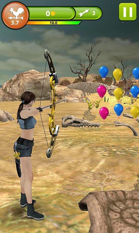 Close-up view of a bow and arrow in Archery Master 3D.