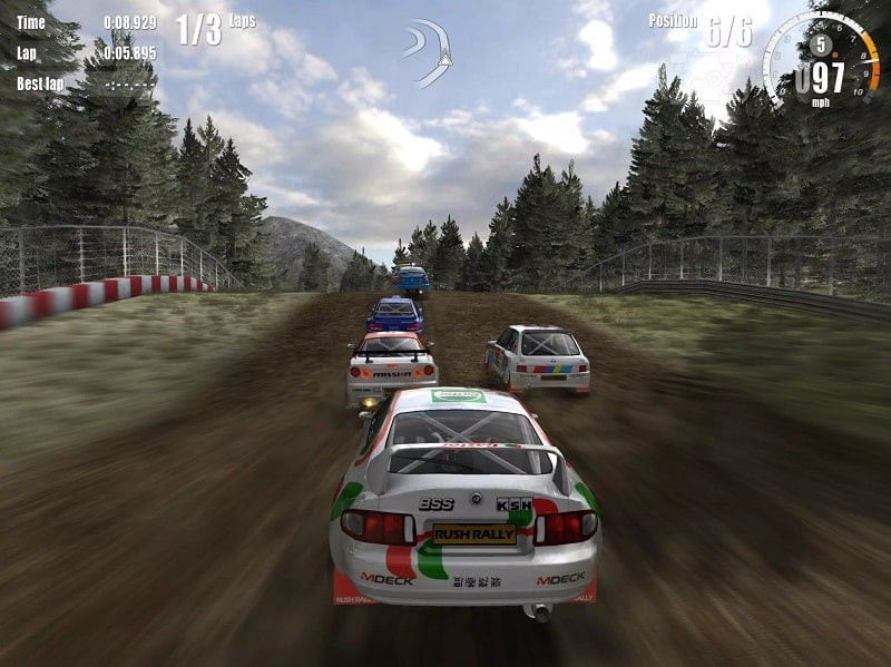 Rally car speeding towards the finish line in Rush Rally 3, capturing the thrill and sense of victory.