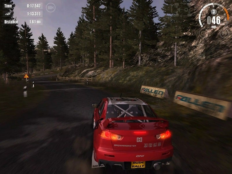 Rally car navigating a rocky and rough terrain in Rush Rally 3, highlighting the game's diverse environments.