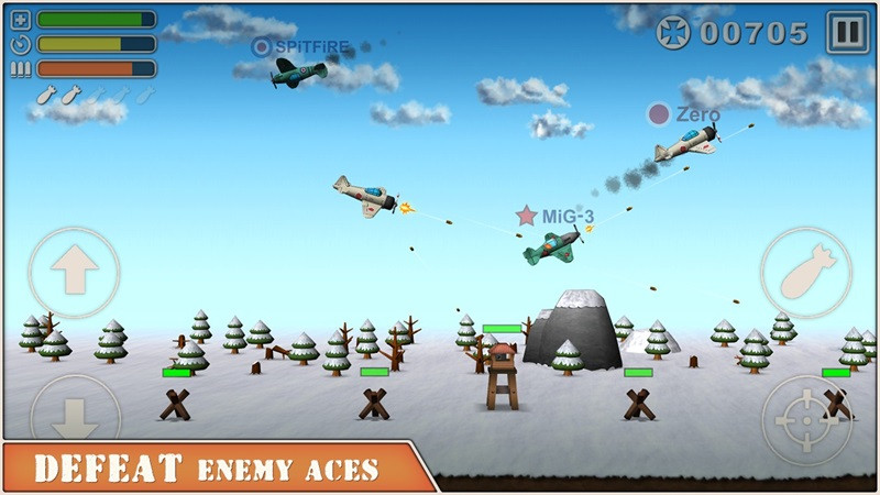 alt text: Sky Aces 2 gameplay screenshot of a fighter plane shooting down an enemy aircraft