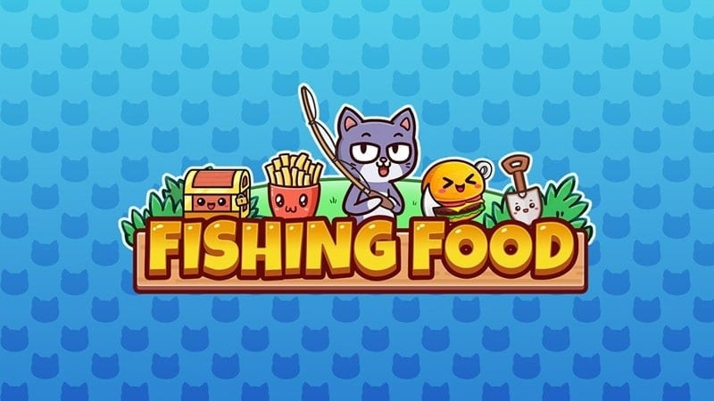 alt text: Hình ảnh chú mèo đang câu cá trong game Fishing Food, xung quanh là các loại đồ ăn