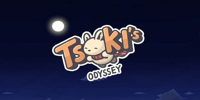 alt text: Hình ảnh chú thỏ Tsuki trong game Tsuki's Odyssey đang đứng trước ngôi nhà gỗ của mình