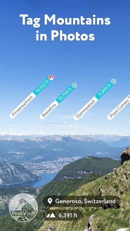 PeakVisor app screenshot showing mountain identification through the phone's camera.