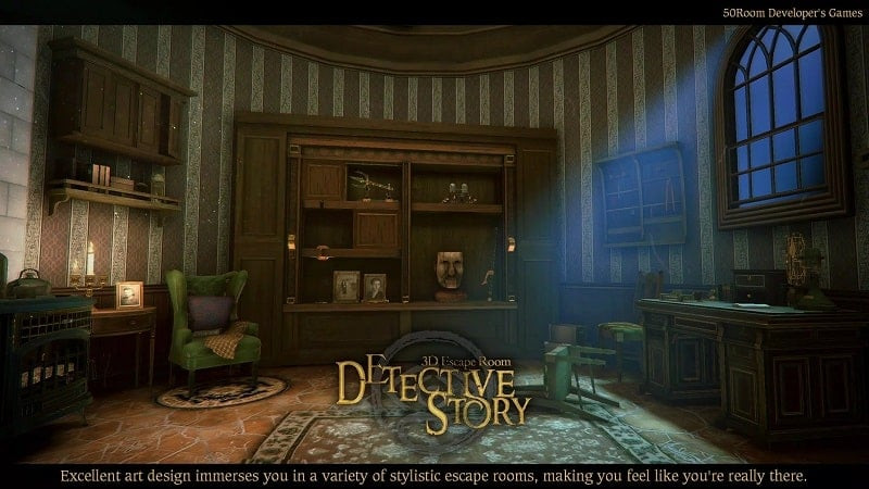 alt text: Hình ảnh game 3D Escape Room Detective Story phiên bản MOD APK. Người chơi có thể sử dụng tính năng vô hạn tiền để mua các vật phẩm hỗ trợ.