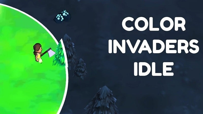 alt text: Hình ảnh game Color Invaders Idle hiển thị giao diện chính với các công trình và hoạt động trên hoang đảo.