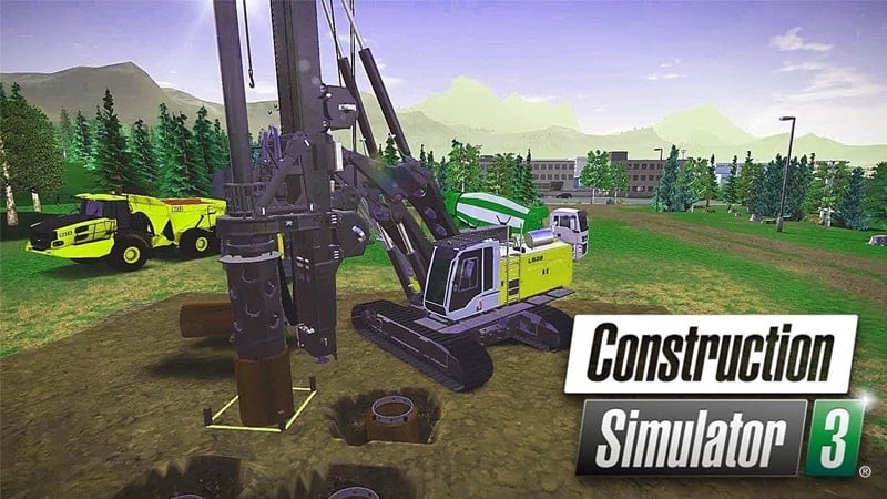 alt text: Hình ảnh game Construction Simulator 3 hiển thị giao diện điều khiển xe cẩu đang thực hiện công việc xây dựng.