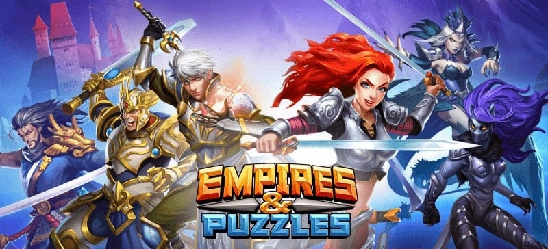 Alt text: Hình ảnh game Empires & Puzzles hiển thị giao diện chính với lâu đài nguy nga và các công trình xung quanh.