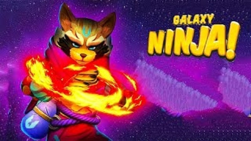 alt text: Hình ảnh game Galaxy Ninja: Amaze 3D Runner hiển thị nhân vật ninja đang chiến đấu với robot trong không gian