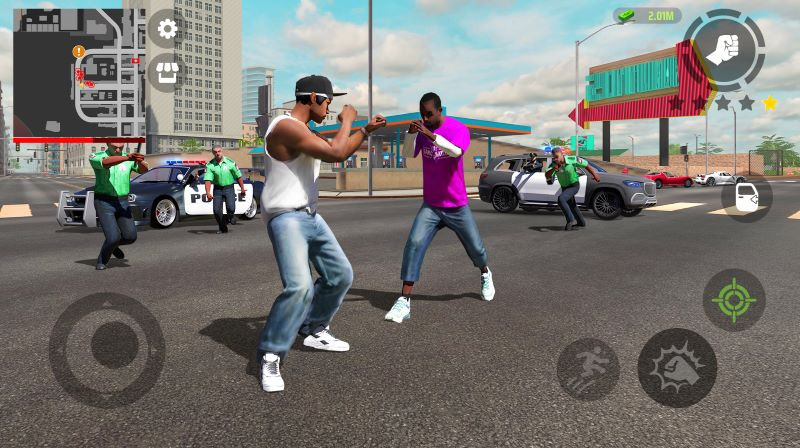 alt text: Hình ảnh game Gangster Grand cho thấy nhân vật chính với trang bị vũ khí