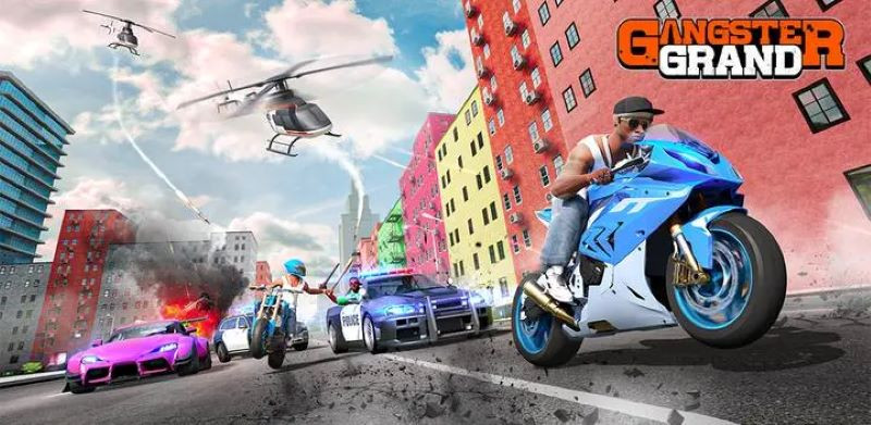 alt text: Hình ảnh game Gangster Grand hiển thị nhân vật chính với phong cách gangster