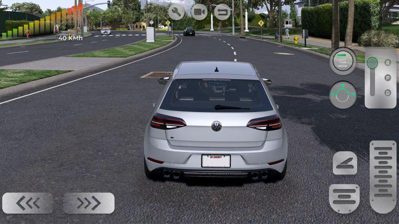 Golf R Master Driver School gameplay: a blue Volkswagen Golf GTI racing on city streets, rear view.