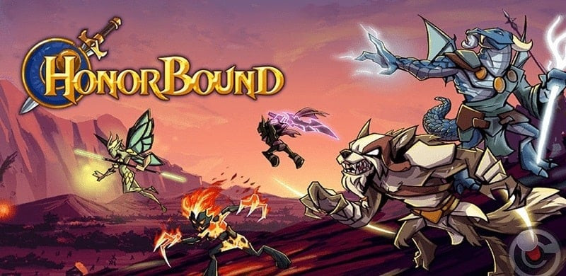 alt text: Hình ảnh game HonorBound RPG với nhân vật chính đang chiến đấu với quái vật