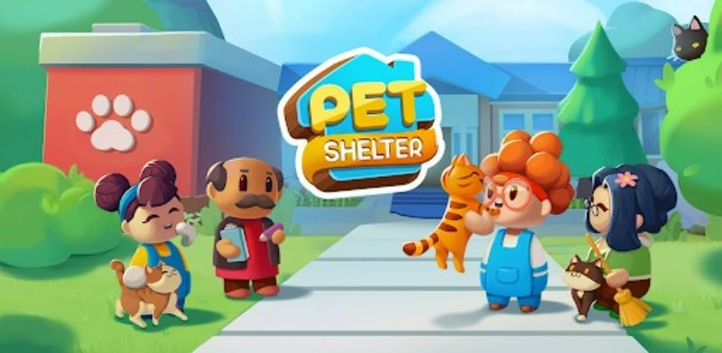 alt text: Hình ảnh game Idle Pet Shelter với những chú mèo dễ thương đang chơi đùa trong một căn phòng ấm cúng.