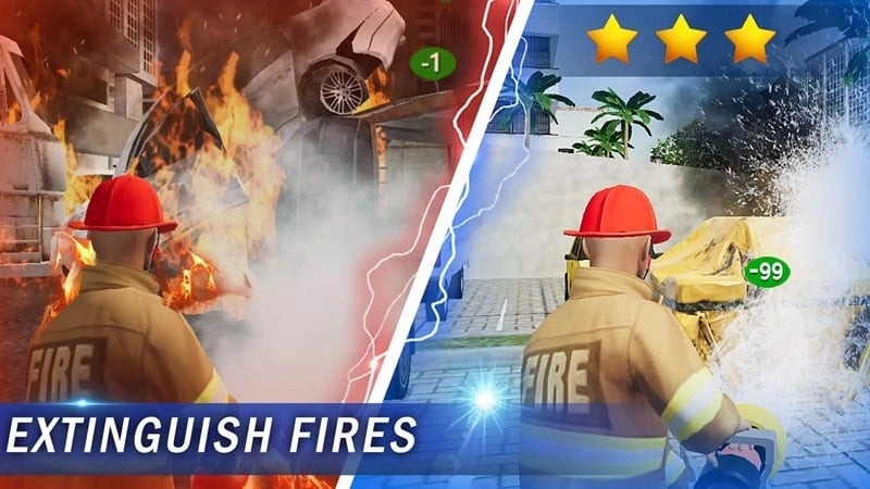 alt text: Hình ảnh game I'm Fireman mod apk, một lính cứu hỏa đang đứng trên xe thang