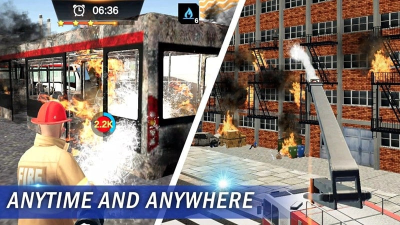 A firefighter standing in front of a firetruck in I'm Fireman MOD APK.