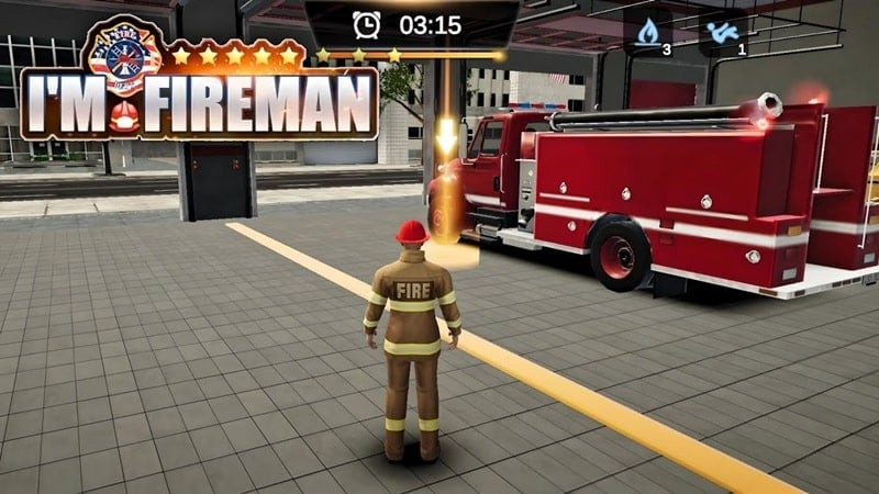 alt text: Hình ảnh game I'm Fireman, một lính cứu hỏa đang phun vòi rồng vào đám cháy