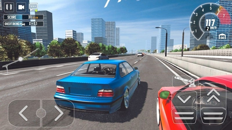 Japan Highway Mod APK gameplay: A blue car drifting around a corner